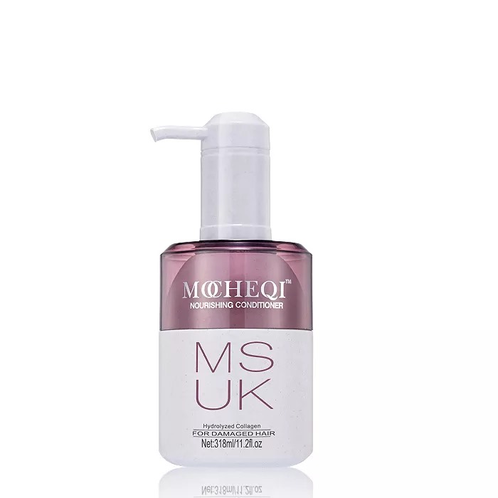 Zdjęcie butelki odżywki do włosów MOHEQI MUSK o pojemności 318 ml. Butelka ma białą podstawę, różowo-fioletową górę i białą pompkę. Napis "MUSK" jest różowy, a poniżej znajdują się napisy "Hydrolyzed Collagen" i "FOR DAMAGED HAIR", co wskazuje na to, że odżywka jest przeznaczona do włosów zniszczonych i zawiera hydrolizowany kolagen. Produkt jest sfotografowany na białym tle.