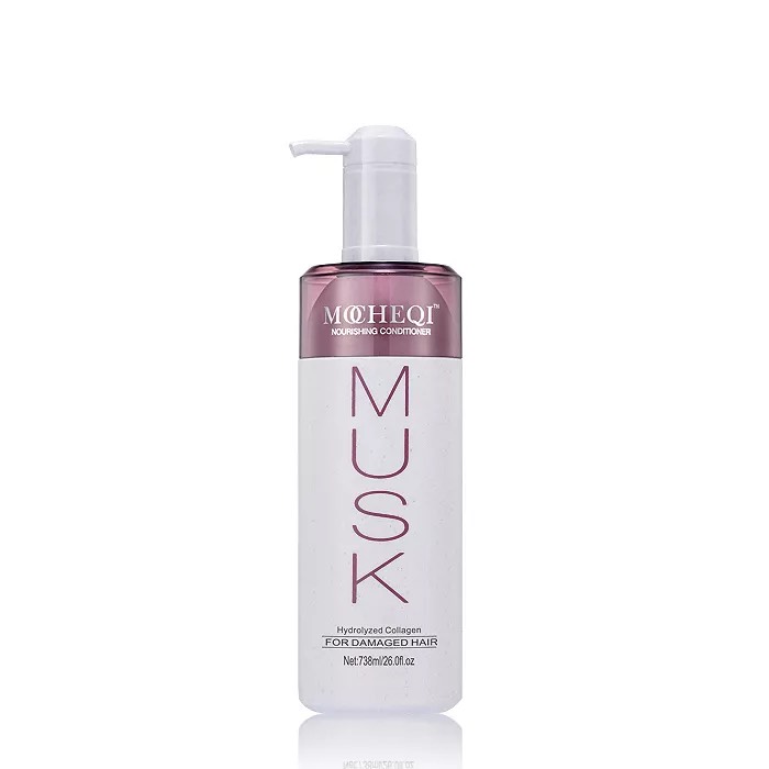 Zdjęcie produktu - butelki odżywki do włosów MOHEQI MUSK o pojemności 738 ml. Butelka ma biały dół, różowo-fioletową górę i białą pompkę. Napis "MUSK" jest różowy, a poniżej znajdują się napisy "Hydrolyzed Collagen" oraz "FOR DAMAGED HAIR", co wskazuje na to, że odżywka jest przeznaczona do włosów zniszczonych i zawiera hydrolizowany kolagen. Produkt jest sfotografowany na białym tle.